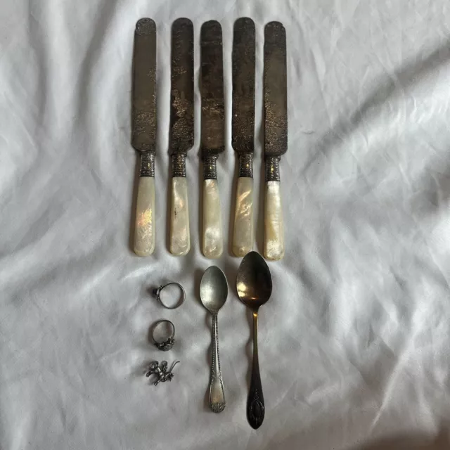 Ten Piece Sterling Silver 925 Lot Spoons Rings Earring Knives