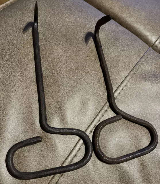 Pair of Antique Primitive Farm Tool Iron Handled Hay Meat Ice Hook hand forged
