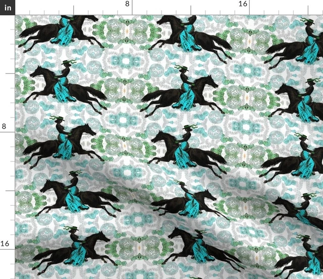 Blue Green Equestrian Horse Woman Flamenco Fabric Printed by Spoonflower BTY