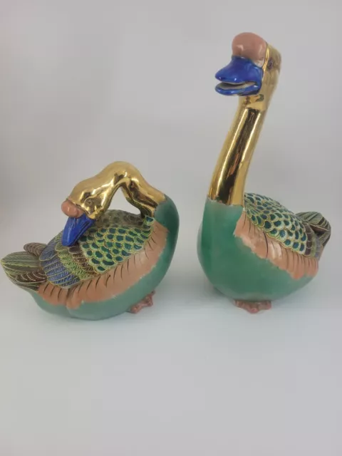 Pair Vintage Japanese Porcelain Clay Kutani Geese Mandarin Ducks Andrea by Sadek