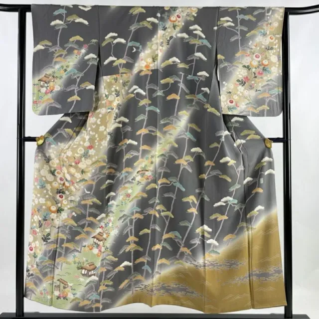 Woman Japanese Kimono Houmongi Silk Chrysanthemum Pine Gold Thread Gray