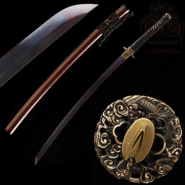 Handmade Katana Red&Purple Damascus Folded Steel Japanese Samurai Sword Sharp