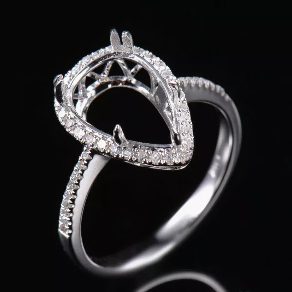 Pear 12×8mm Ring Prong Setting Natural Diamond Semi Mount Solid 14K White Gold