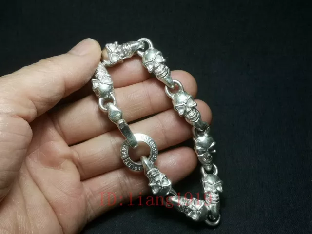Rare Collection Chinese miao silver old hand carved skull statue bracelet Gift 2
