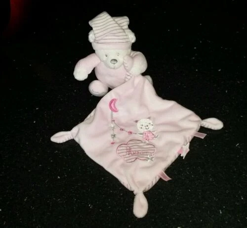 Doudou ours mouchoir rose blanc max & et sax Moon lune nuage étoile peluche TBE