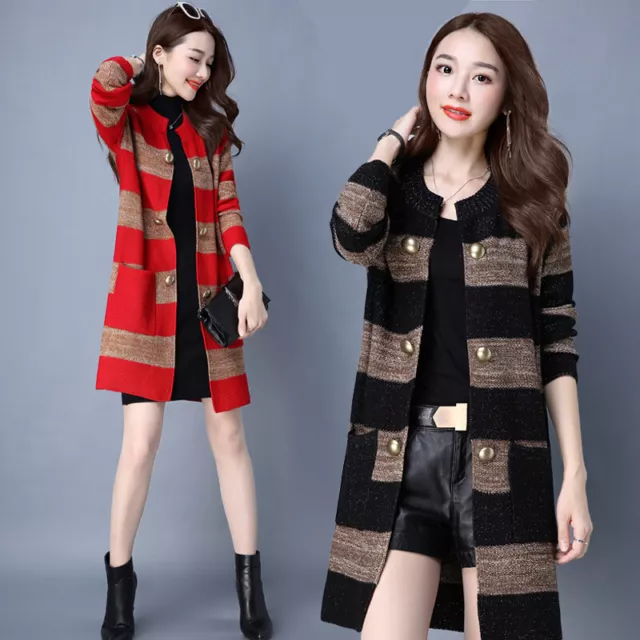 Femme Tricot Rayé Midi Cardigan Ouvert Avant Veste Slim Fit Pull Manteau