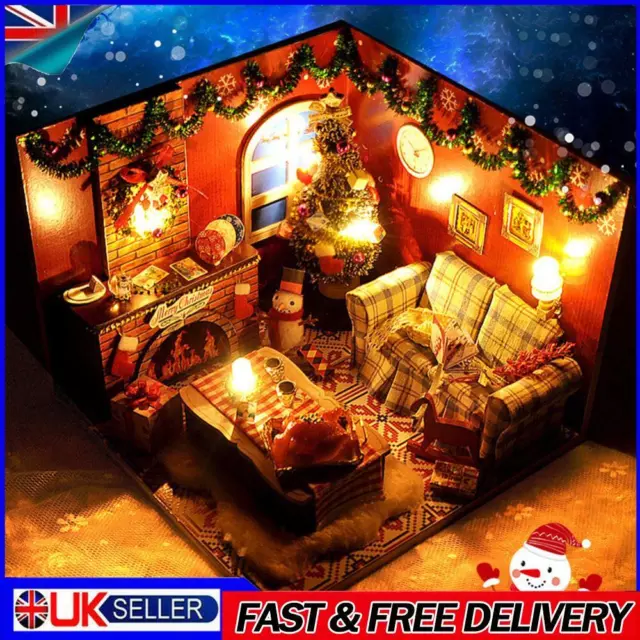 Xmas Wooden House Kit with Dust Cover and Accessories Funny DIY Miniature Room U
