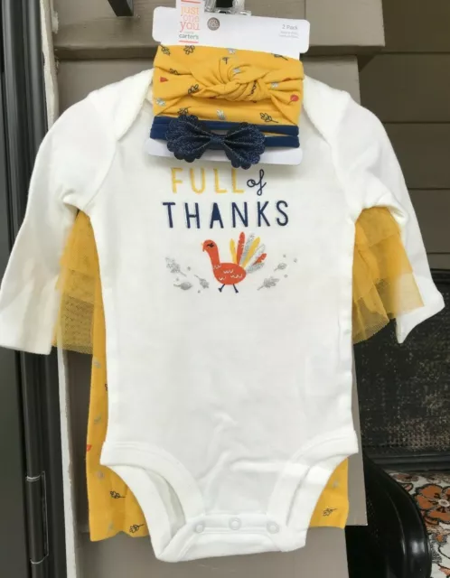 Carters Just One 3 mo Thanksgiving Top Tutu Leggings FULL OF THANKS/Headbands