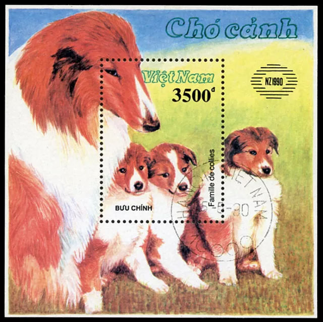 ROUGH COLLIE LASSIE SHEEPDOG DOG Viet Nam POSTAGE STAMP MINI SHEET "Used" 1990