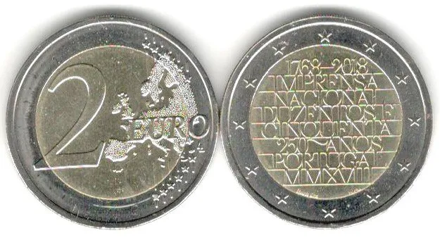 Portugal 2 Euro Gedenkmünze 2018 250 Jahre Nationale Druckerei