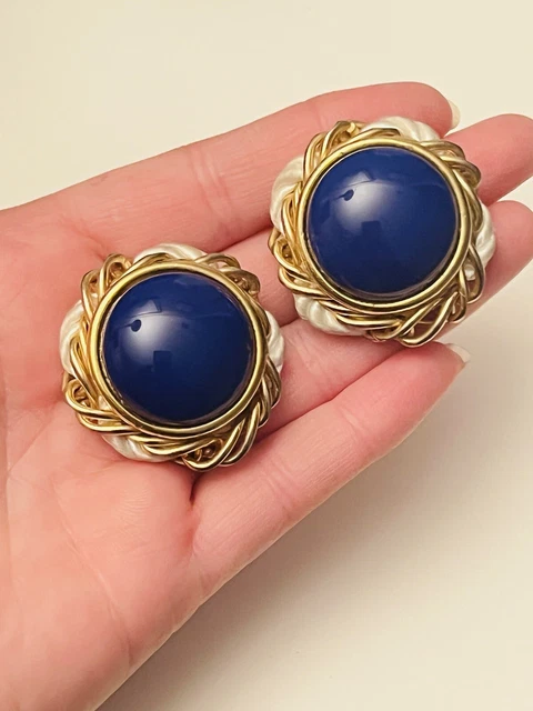 Ben-Amun Earrings VTG Designe Signed Gold Tone blue glass Cab mogul Classy bold