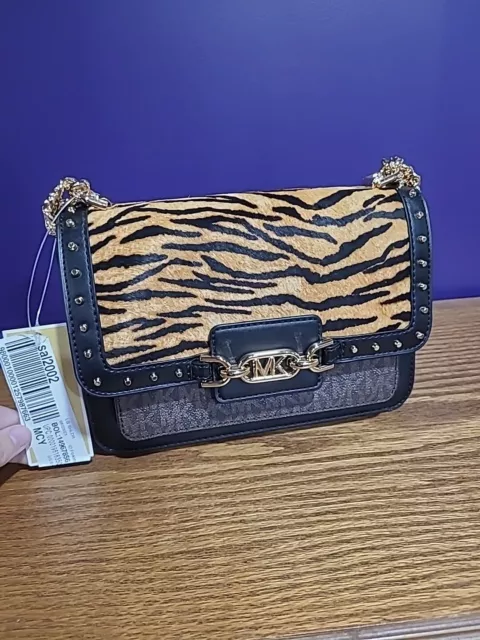 MICHAEL KORS Heather Large Studded Tiger Printed Calf Hair and Logo Shoulder Bag