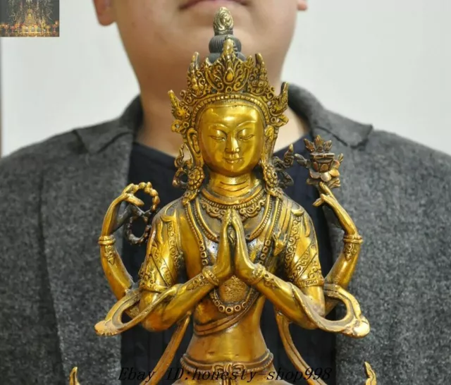 Old Tibetan Buddhism Bronze gilt 4 Arms Chenrezig Kwan-yin Guanyin Buddha Statue 2