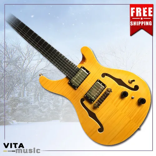 Yellow Flamed Maple Veneer F Hole Fixed Bridge 2H Pickup 6String Electric Guitar