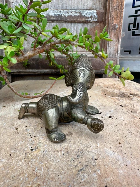 Antique Old Original Hand Crafted Brass Walking On Knee Child Ganesha Statue