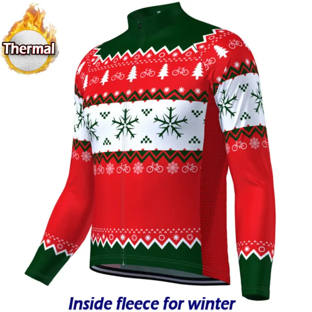 Christmas Cycling Jersey Warm Long Jacket Bike Winter Fleece Shirt Clothing Road 2