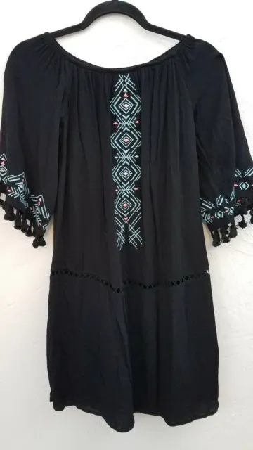 Xhilaration Womens Size Xs Black Embroidered Shift Dress 3/4 Bell Sleeve Boho