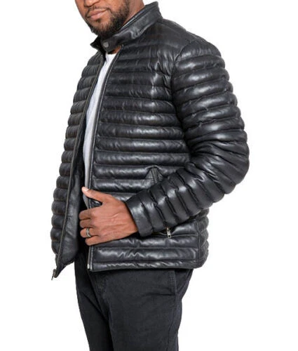 Mens Puffer Leather Jacket Café Racer Motorcycle Biker Black Quilted Jacket Coat
