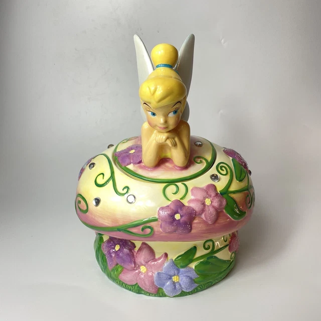 Vintage Disney Tinker Bell Floral Jeweled Mushroom Ceramic Cookie Jar (D4)