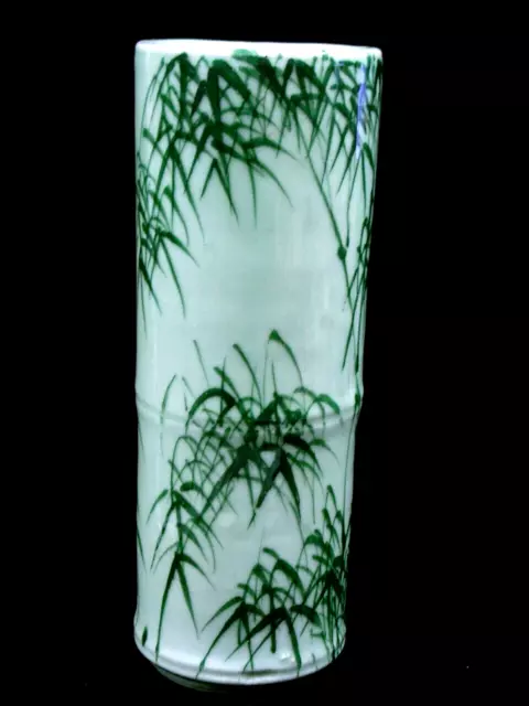 Ancien Vase Rouleau Celadon Porcelaine Decor Bambou Asiatique Chine Chinese