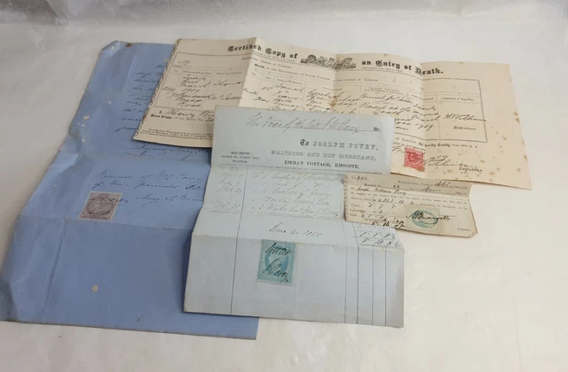 Old paperwork Documents, Joseph povey victoria Receipt stamps inland revenue ect