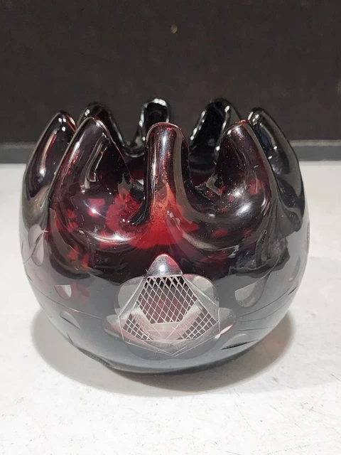 Vintage 4" Rose Bowl Vase Ruby Red Cut To Clear Flower Ruffled Edge