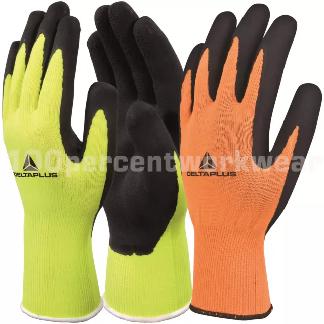 12 x Delta Plus VV733 APOLLON Safety Knitted Latex Rubber Work Gloves Hi Viz Vis