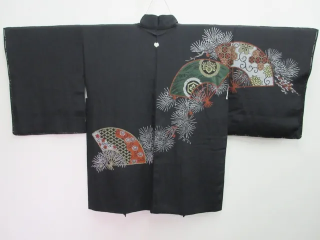 8087A2 Silk Vintage Japanese Kimono Haori Jacket Folding Fan Pine Tree Urushi