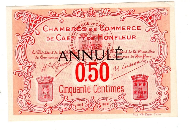 CHAMBRE COMMERCE HONFLEUR CAEN 50 CENTIME 1915 1920 NECESSSITE Annulé QUASI NEUF