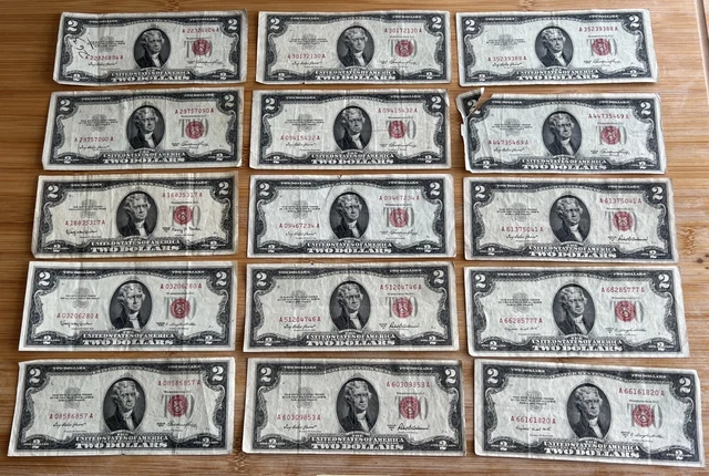 1953 -A, B & 1963 - A $2 Two Dollar Bill Red Seal Notes Lot of 15