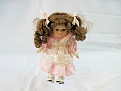 9" Porcelain Girl Doll Pink Dress Red Hair Blue Eyes Pink Ribbons