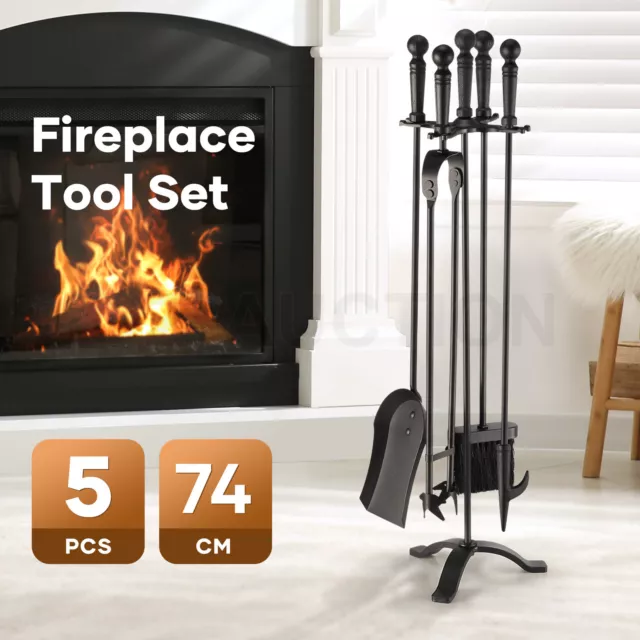 5PCS Fireplace Tool Set Fire Poker Firepit Tongs with Brush Shovel Stand Stove