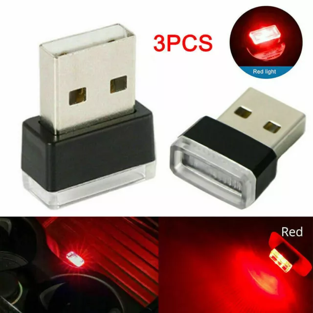 3X Mini LED USB Car Interior Light Neon Red Atmosphere Ambient Lamp Accessories☆