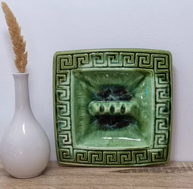 Maurice California Retro Mid Century Modern Green Drip Glaze Ashtray Greek Key