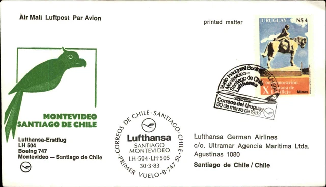 LUFTHANSA Erstflug MONTEVIDEO - SANTIAGO DE CHILE Briefmarke Stamp URUGUAY 1983