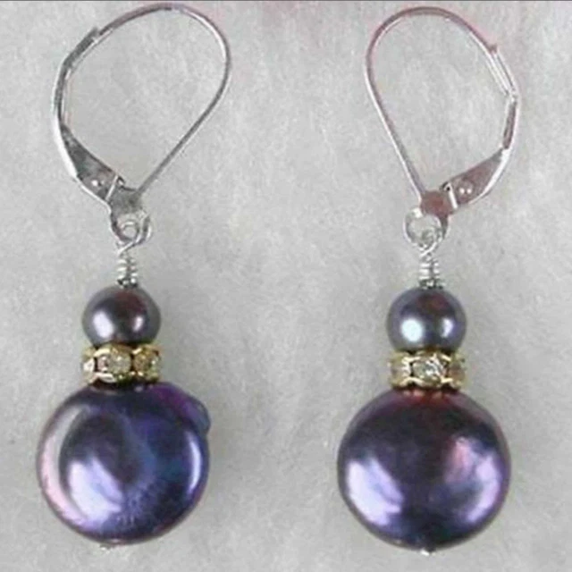 Natural round black coloured coin pearl silvering earrings Accessories
