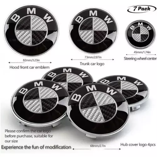 7  LOGO Emblème BMW Noir Gri Capot 82mm + Coffre 74mm +Volant+ 4cache moyeu 68mm