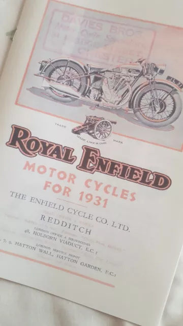 Royal Enfield 1931 Motorcycle Sales Brochure Reproduced