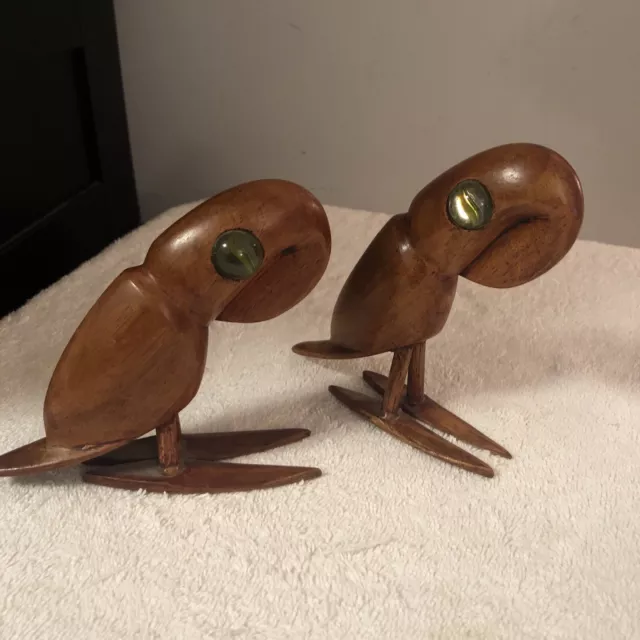 T Plummer Pair VTG Wood Parrots Marble Eye West Indies -Rare