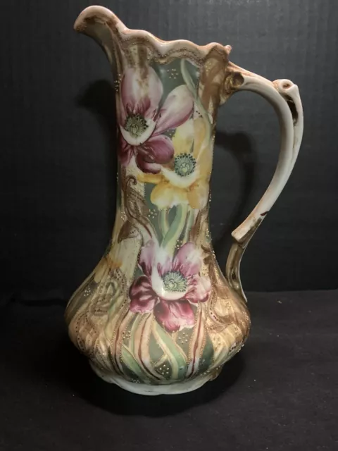 Vintage  Royal Kinran Nippon Pitcher  Hand Painted With Flowers