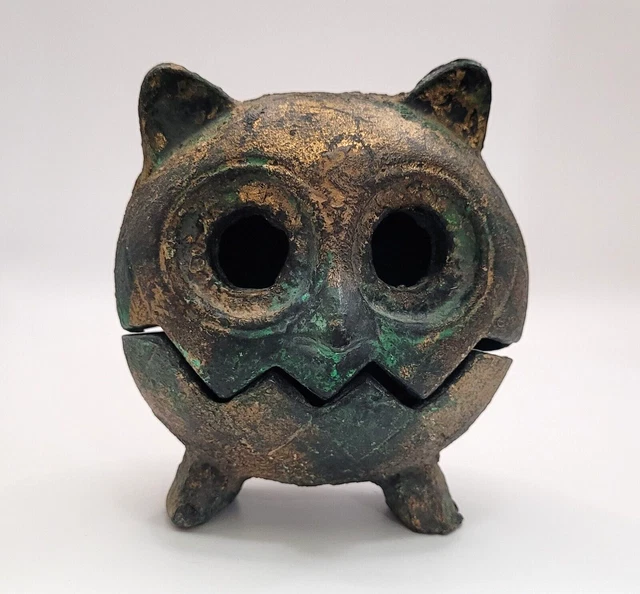Vintage Hand Cast Iron Owl Lantern Incense Holder Mid Century Brutalist 4" tall
