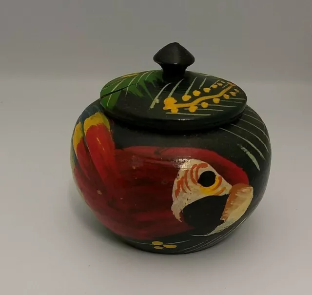 Vtg Round Trinket Box w/ Lid Hand Painted Red Green Yellow Black Parrot 4" Tall