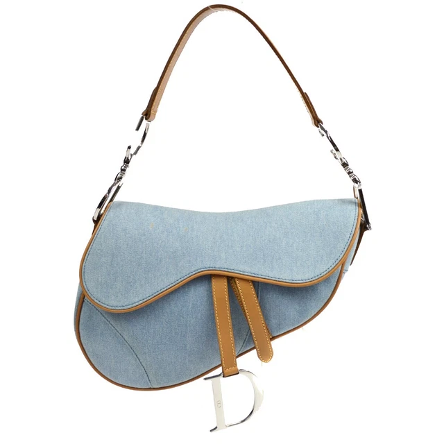 Christian Dior Saddle Handbag Purse Indigo Beige Denim Leather RU0011 96360