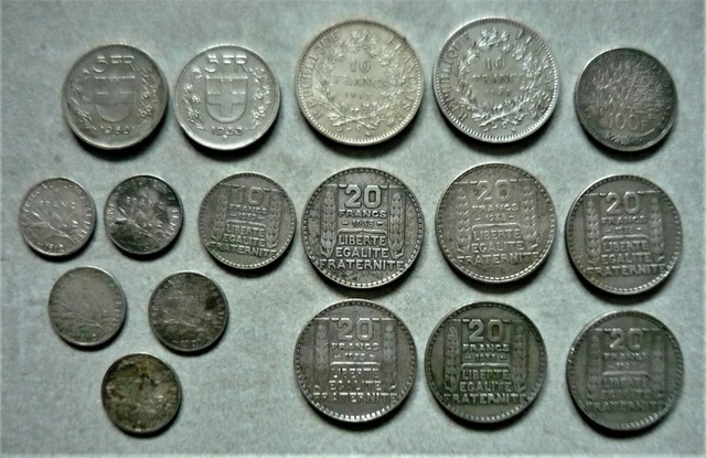 Lot de 17  Pièces / 10 francs hercule 20 fr Turin 5 fr Suisse  10 et 1 - argent