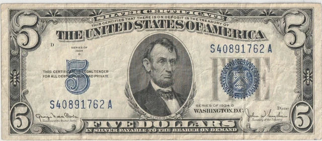 1934D $5 Silver Certificate  Bank note   Blue Seal