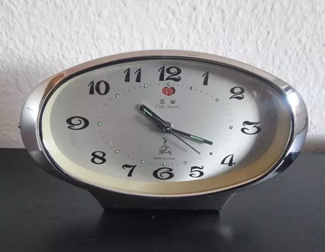 Vintage Five Rams Clock Retro Collectible Silver Green Stones Working VGC