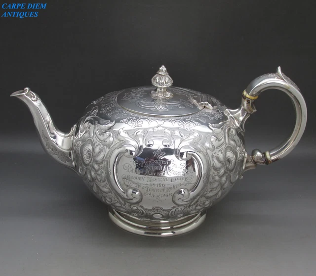 ANTICA SUPERBA TEIERA GOFFRATA ARGENTO MASSICCIO (INTERESSE MASSONICO) 690g SHEFF 1866