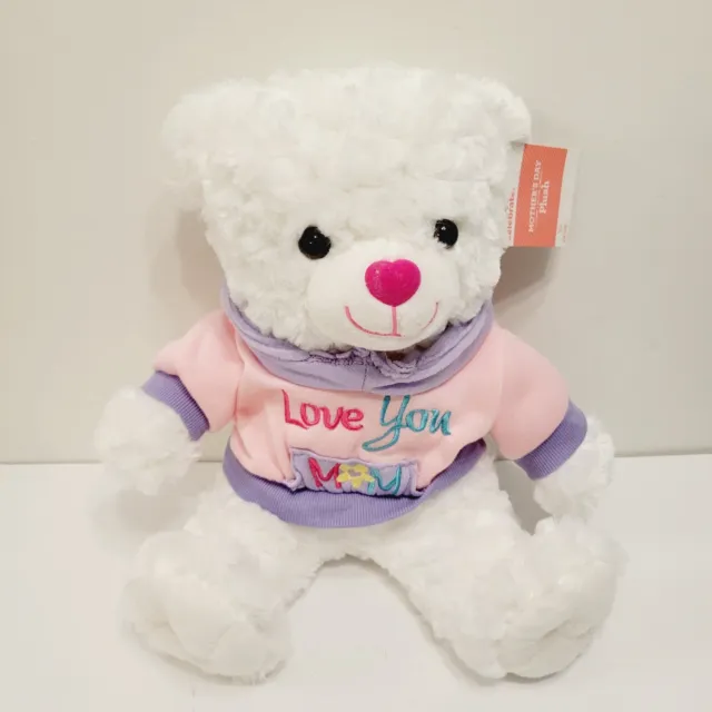 NWT White Teddy Bear Plush with Adorable Pink Colorful I Love you Mom Sweater 14