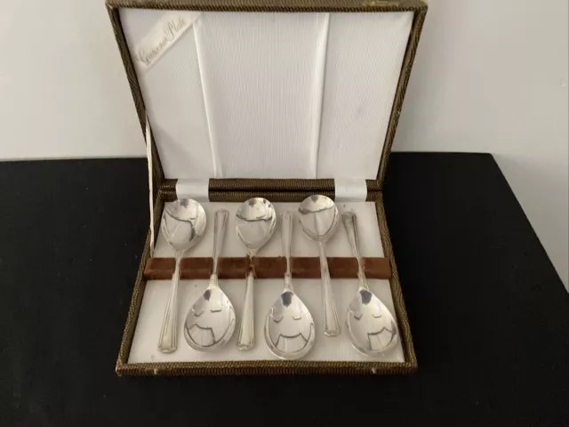 BOXED VINTAGE 6 GROSVENOR DELPHIC SILVER PLATE DESSERT SPOONS  - Original Box