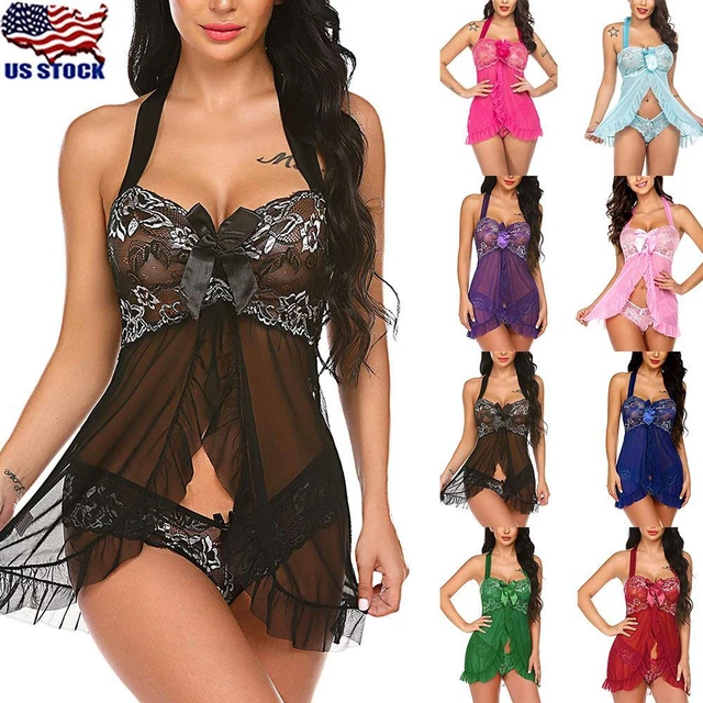 Sexy Women Lace Babydoll Nightdress Lingerie Nightwear Sleepwear Robe Underwear